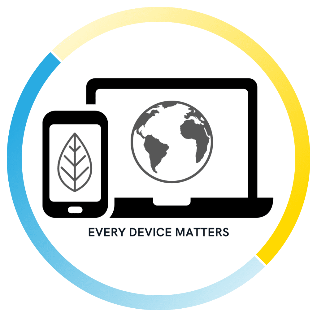 Earth Day Logo with a laptop and phone icon and says Every Device Matters.