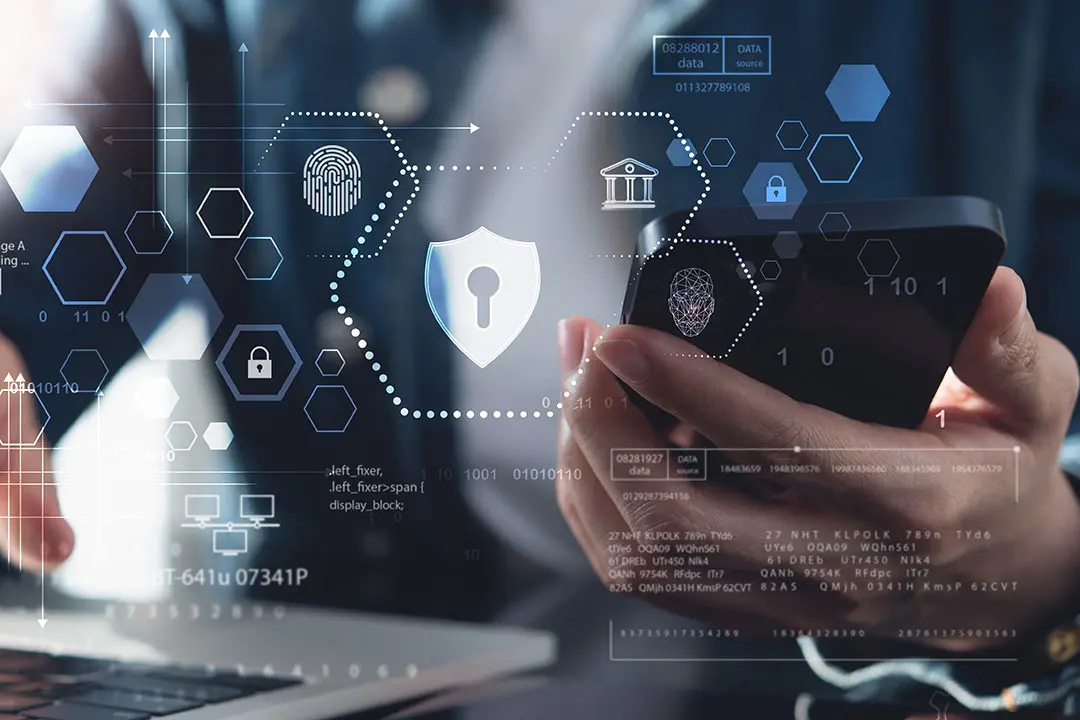 A persona at a bank holds a phone with secure data in the foreground.