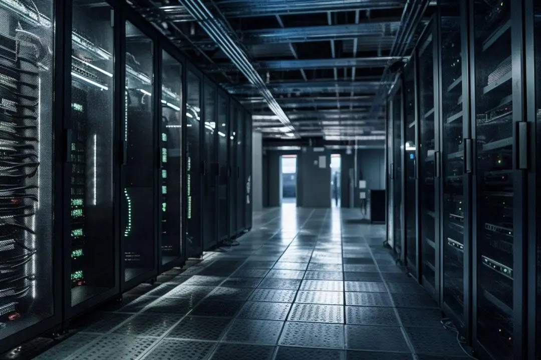 A dimly lit server room with racks of internet gear.