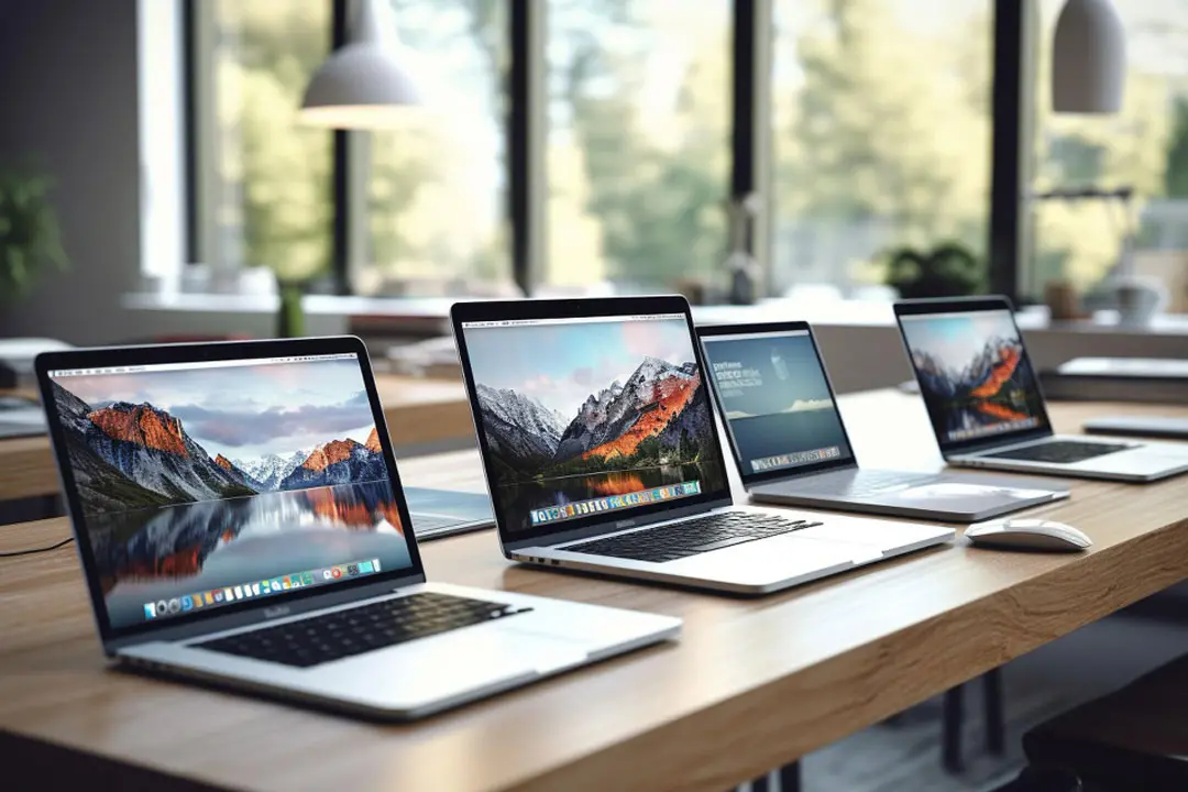 A table with 4 different laptop computers.