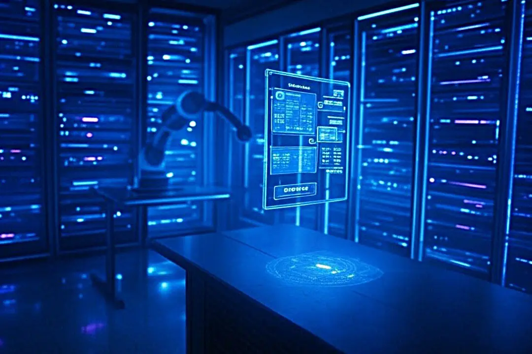 A dimly lit server room with racks of internet gear.