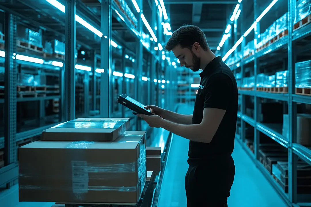 An efficient worker prepares inventory management in a dimly lit blue warehouse.